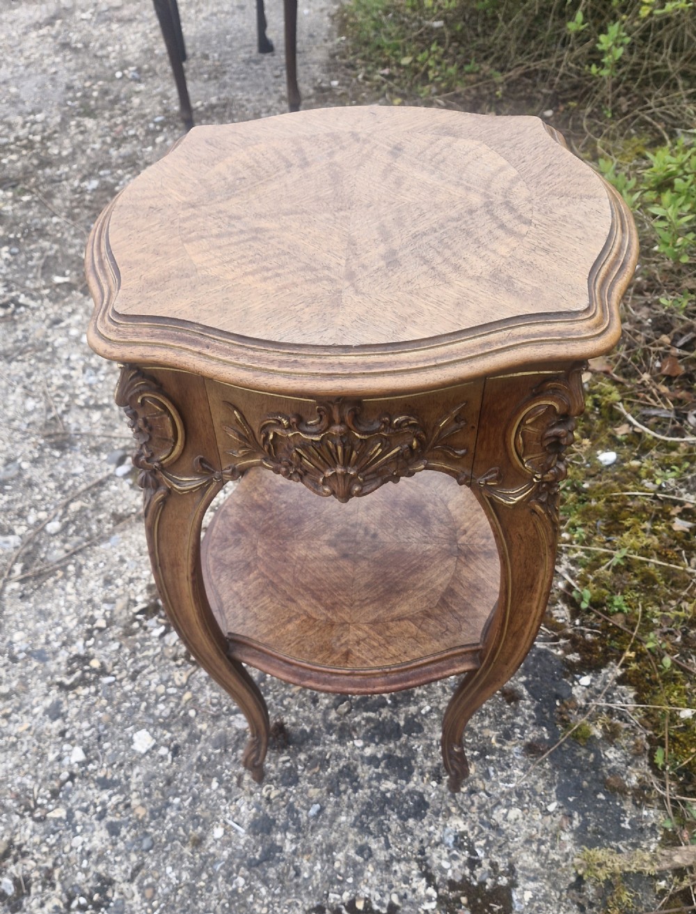 Late 19th century walnut and gilt heightened 2 tier table.  View IX