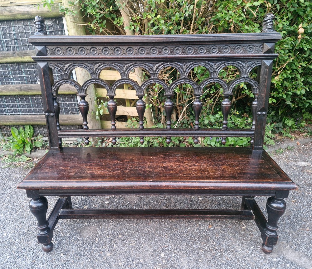 Victorian carved oak hall bench. 