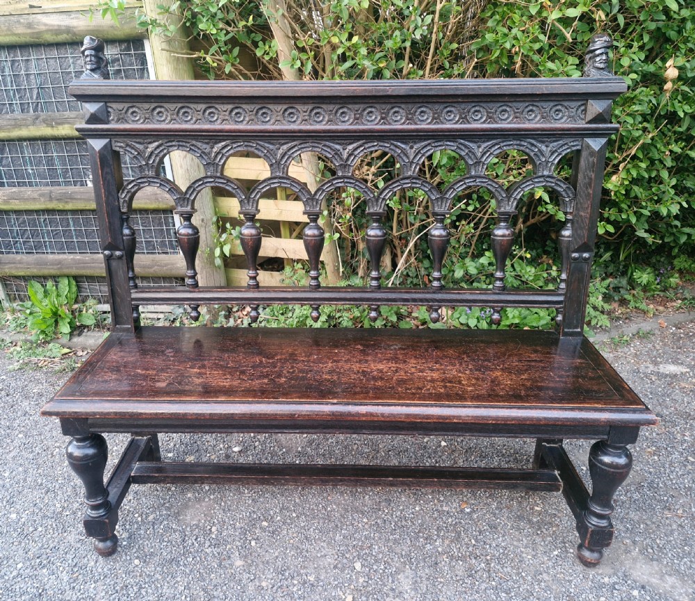 Victorian carved oak hall bench.  View VIII