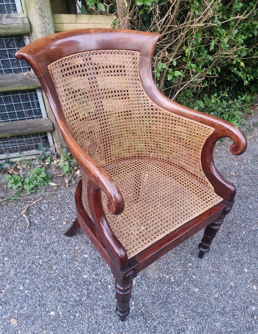 Regency mahogany bergere library armchair.  View IV