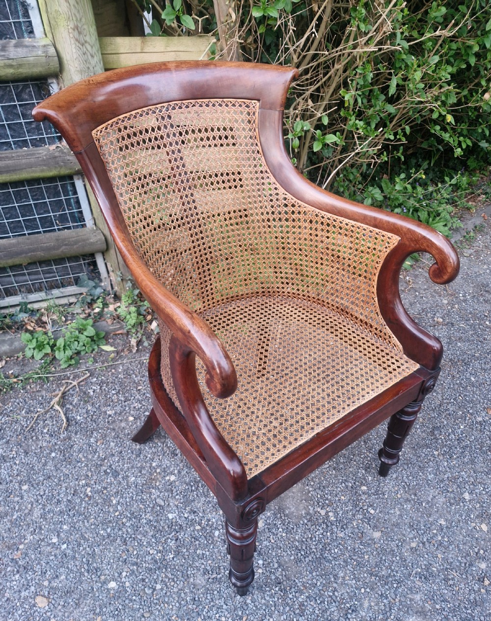 Regency mahogany bergere library armchair.  View V