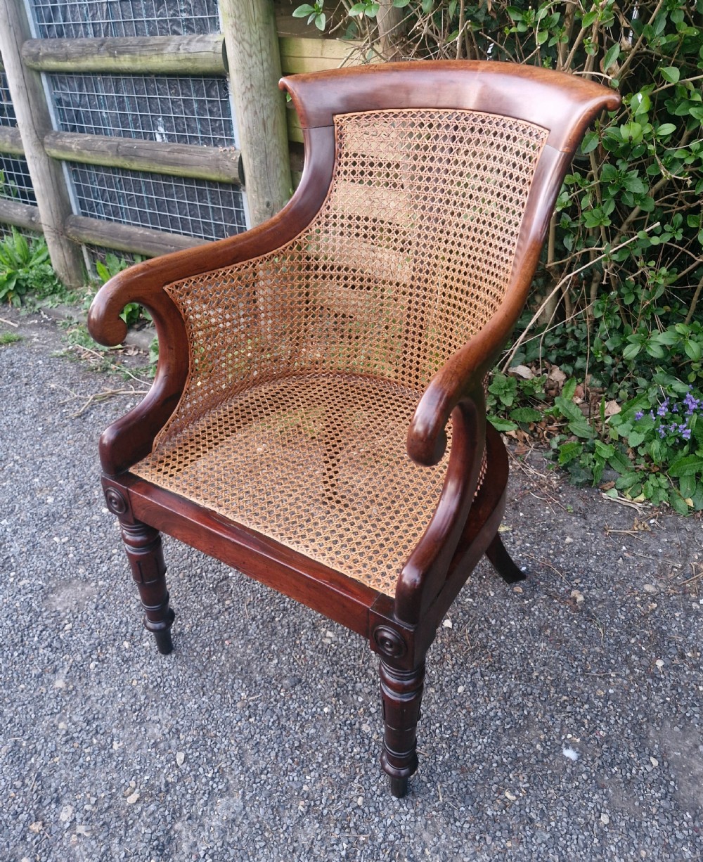 Regency mahogany bergere library armchair.  View XV