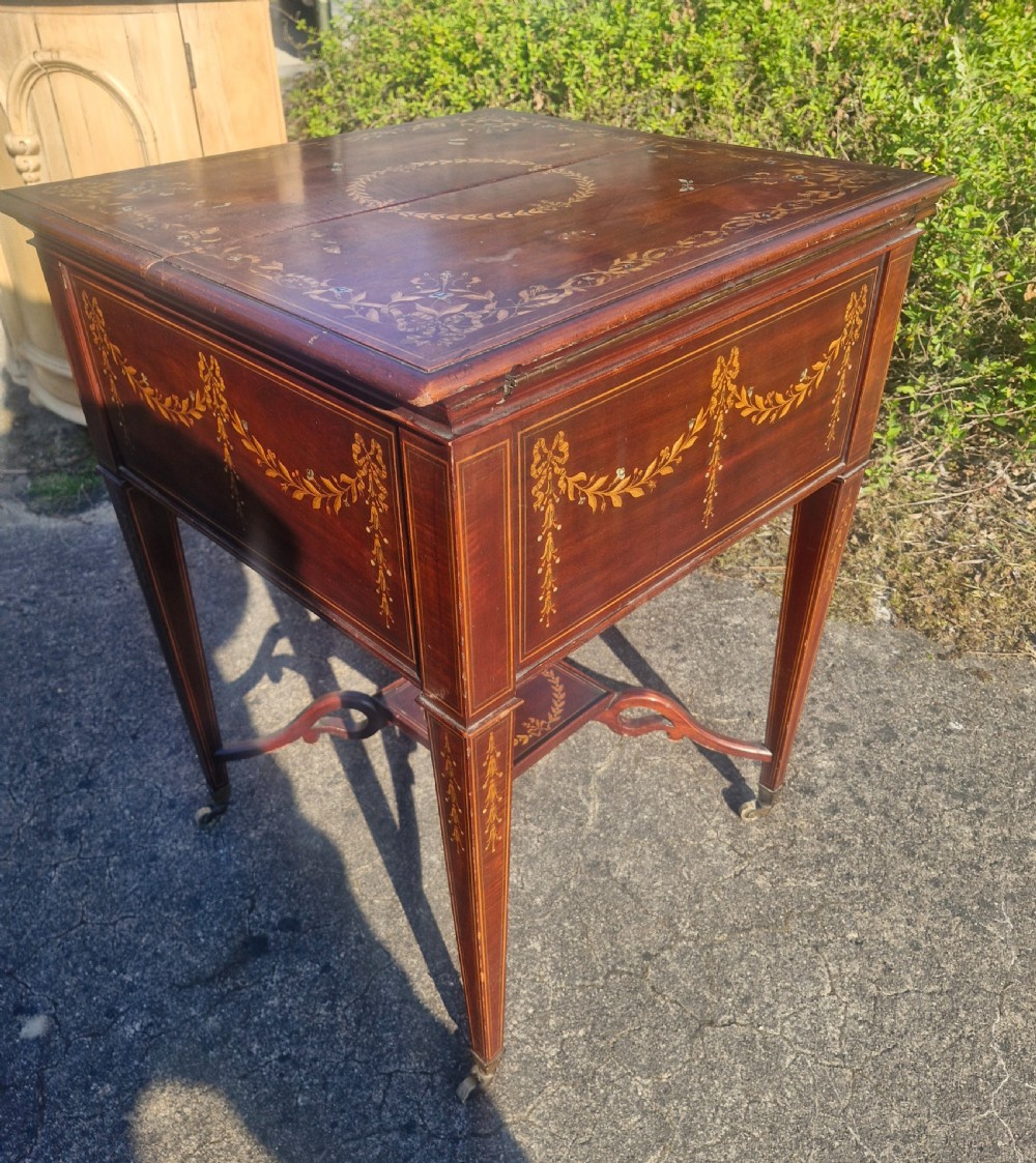 Edwardian inlaid mahogany surprise drinks table. View II