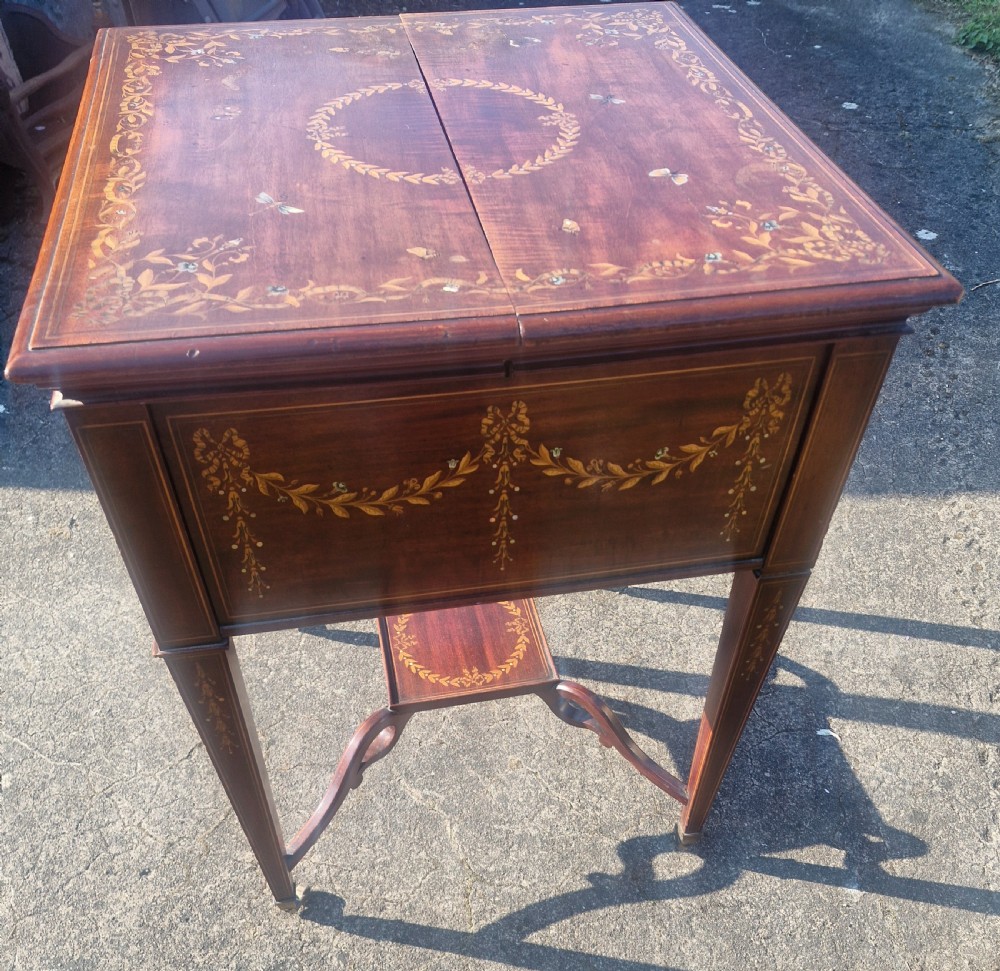 Edwardian inlaid mahogany surprise drinks table. View IV
