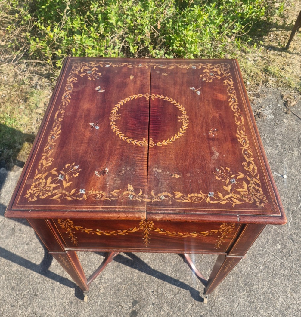Edwardian inlaid mahogany surprise drinks table. View VI
