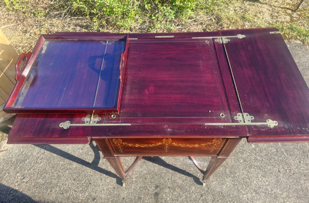 Edwardian inlaid mahogany surprise drinks table. View XIII