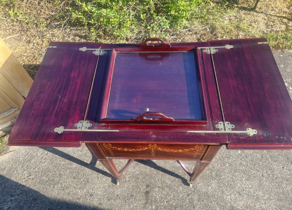 Edwardian inlaid mahogany surprise drinks table. View XIV