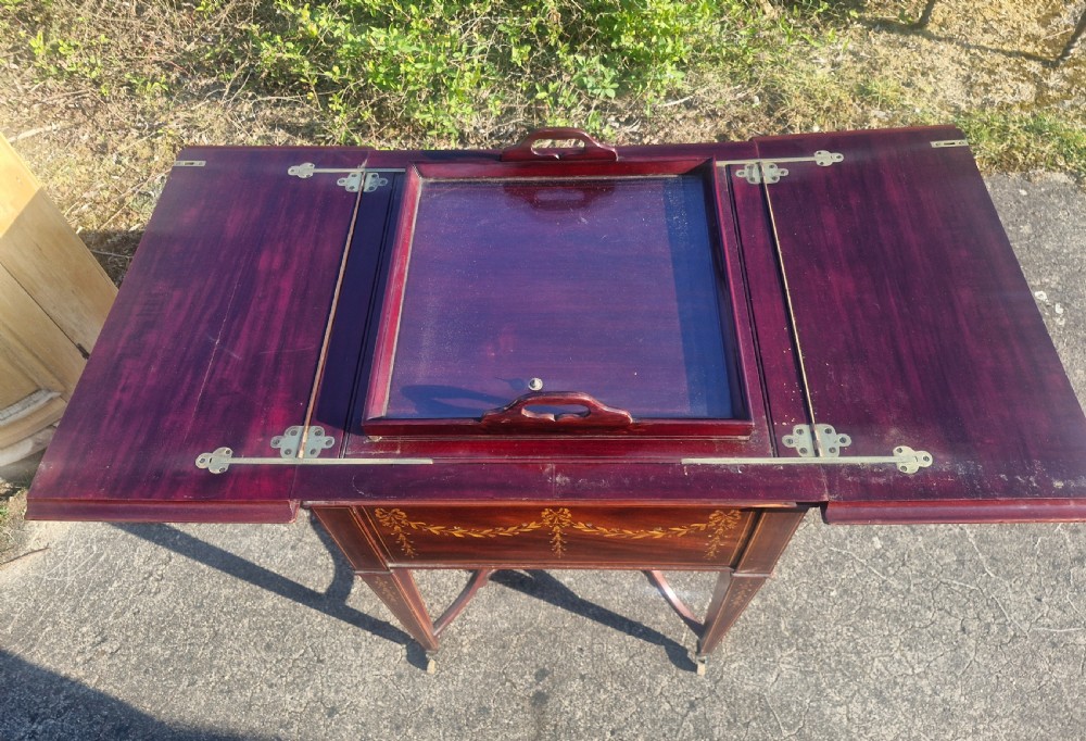 Edwardian inlaid mahogany surprise drinks table. View XV