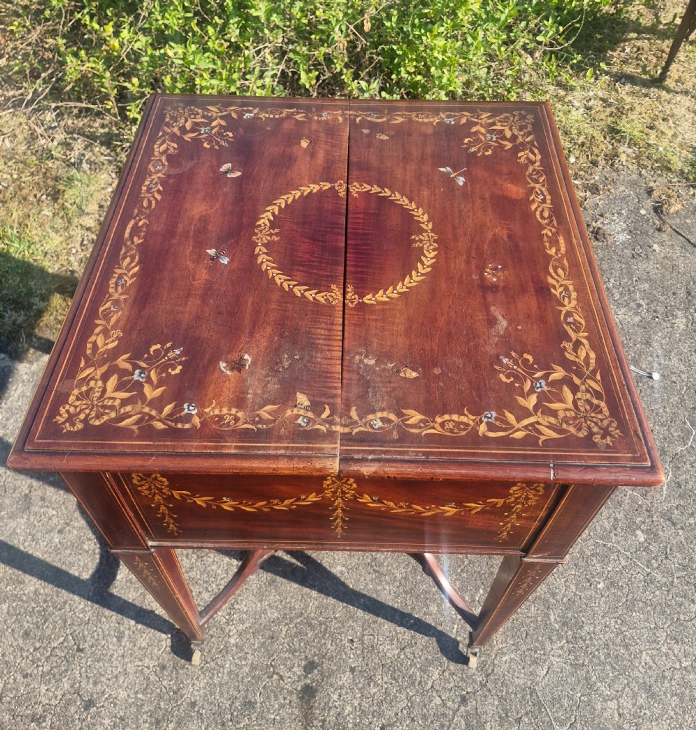 Edwardian inlaid mahogany surprise drinks table. View XVIII