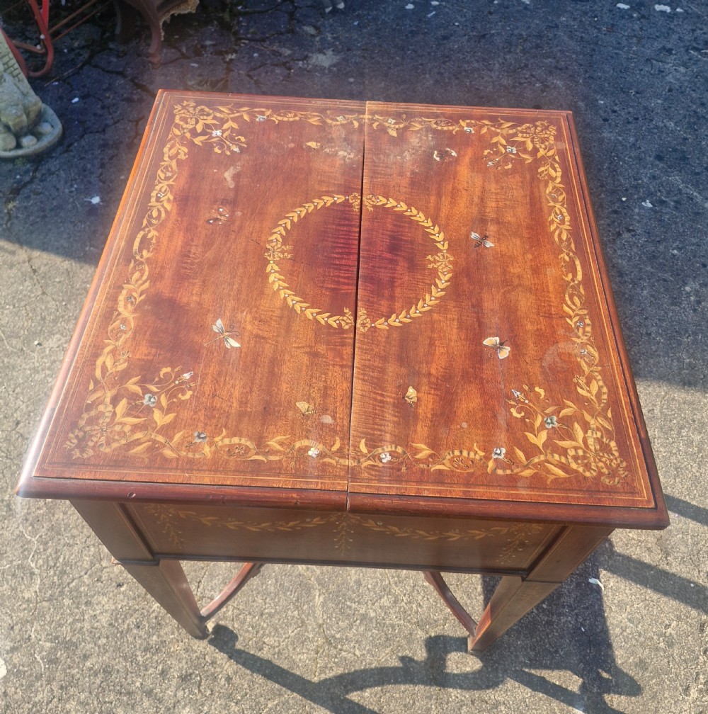 Edwardian inlaid mahogany surprise drinks table. View XIX