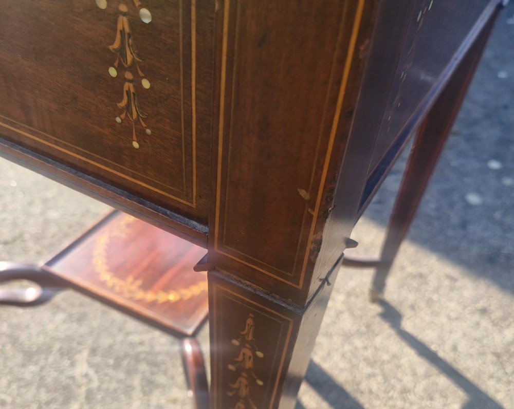 Edwardian inlaid mahogany surprise drinks table. View XXI