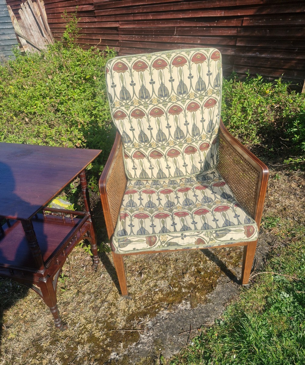 Edwardian inlaid mahogany bergere armchair.  View IV