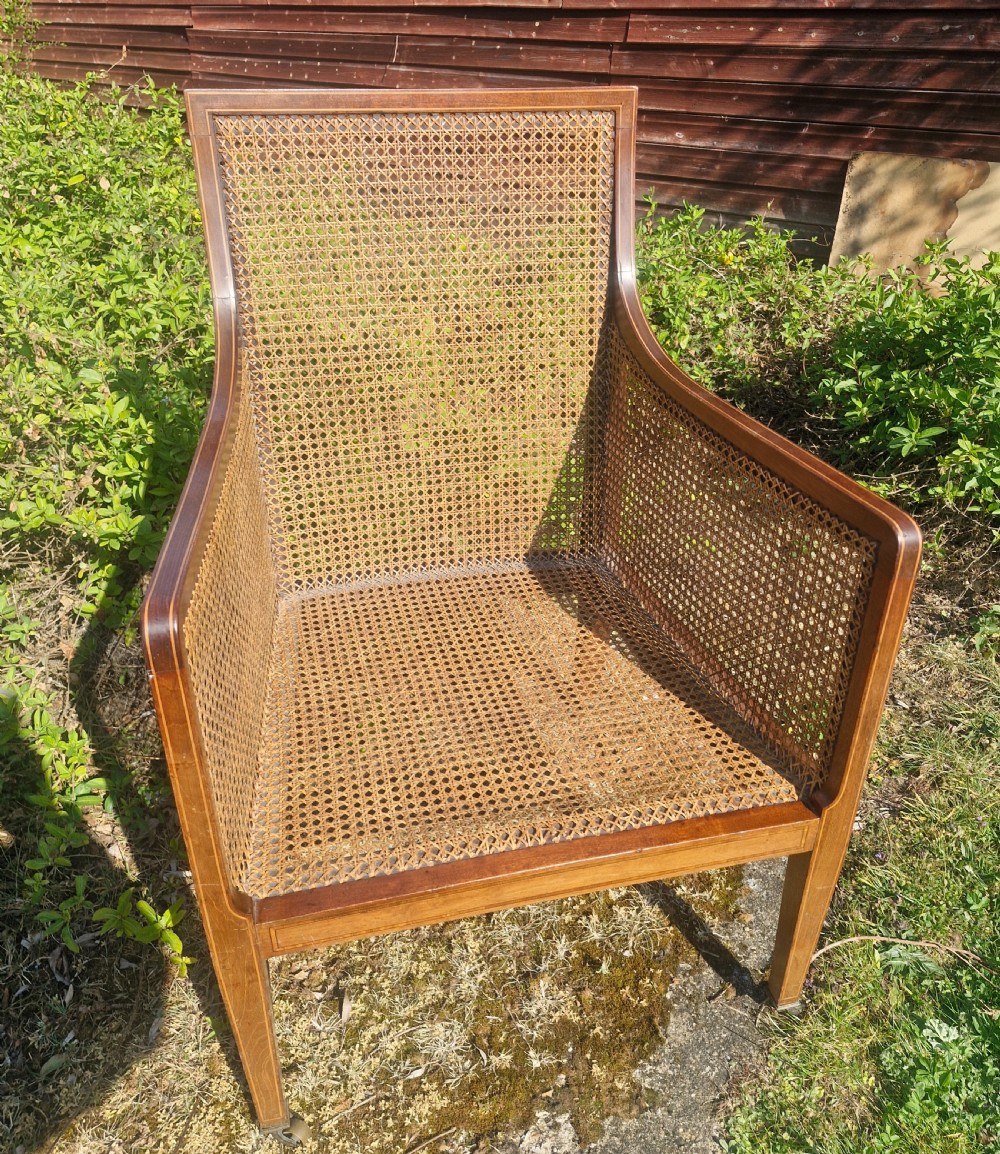 Edwardian inlaid mahogany bergere armchair.  View VI