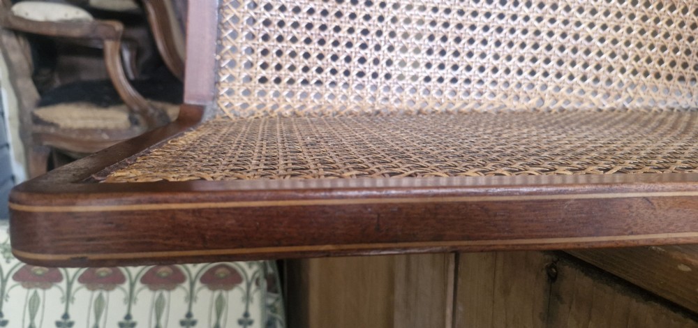Edwardian inlaid mahogany bergere armchair.  View VII