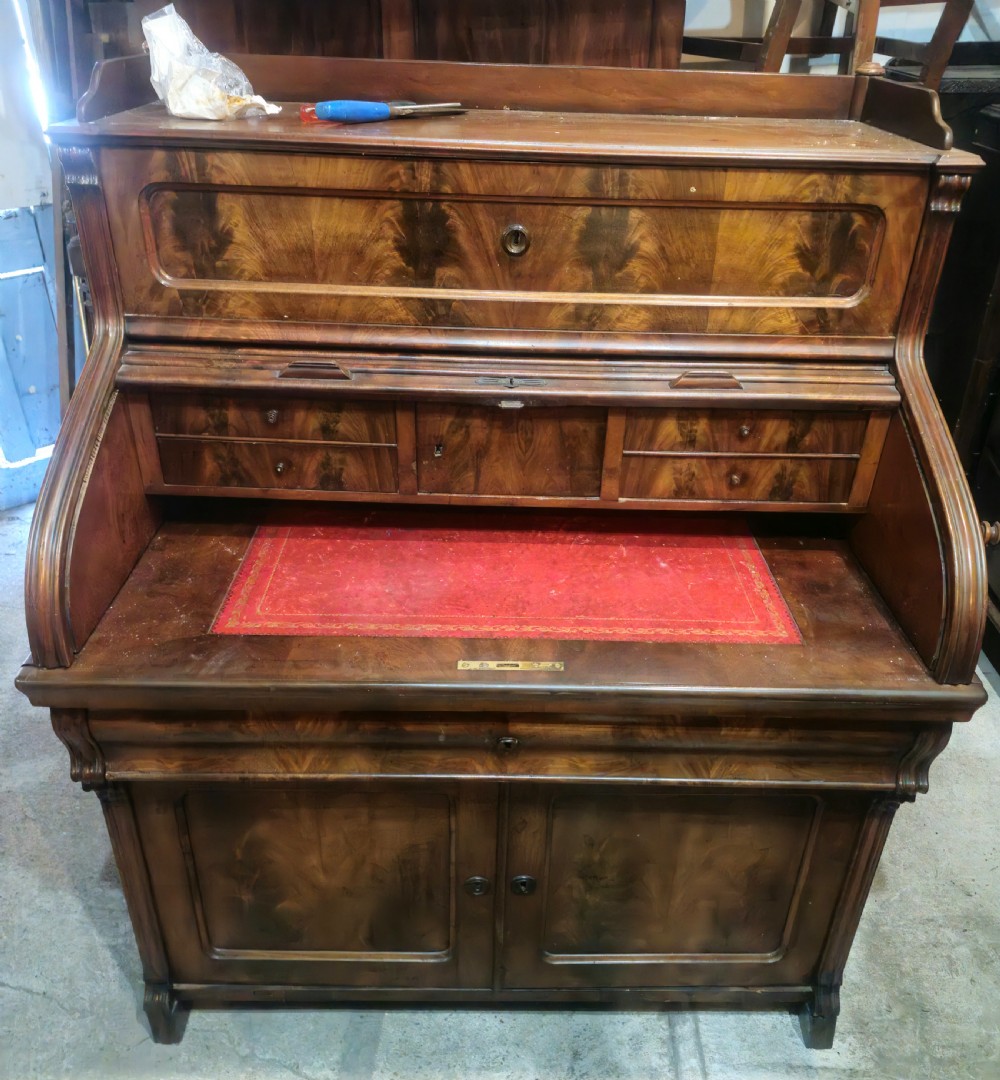 Late 19th century mahogany tambour front writing desk. View VI