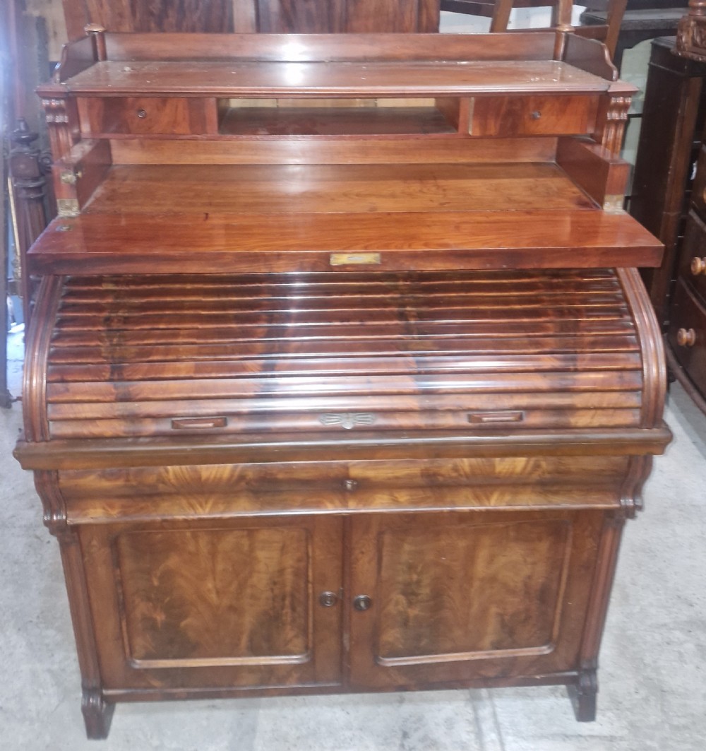 Late 19th century mahogany tambour front writing desk. View IX