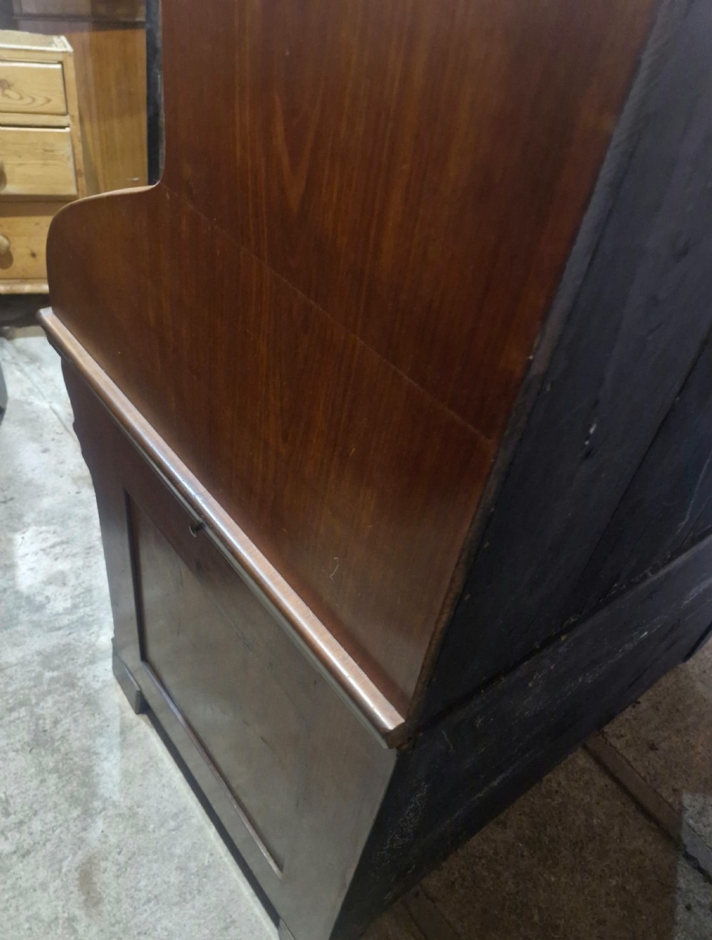 Late 19th century mahogany tambour front writing desk. View XI