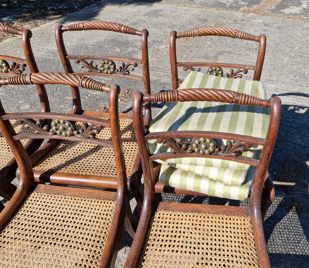 Set of 6 simulated rosewood dining chairs with metal mounts and original squabs. View X