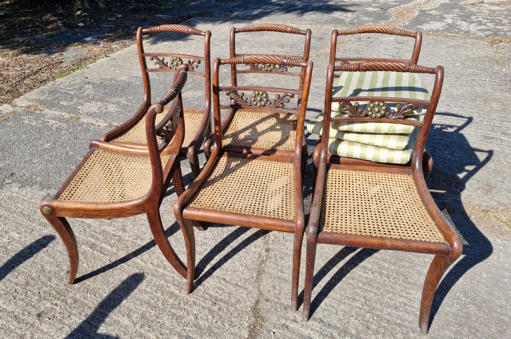 Set of 6 simulated rosewood dining chairs with metal mounts and original squabs. View XIII