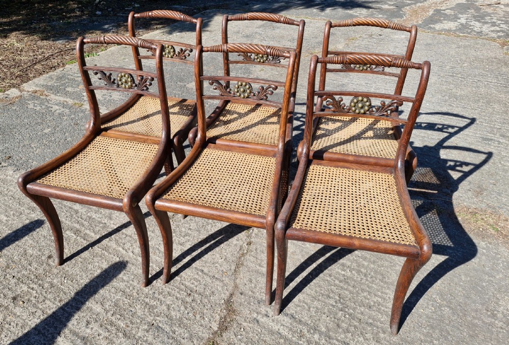 Set of 6 simulated rosewood dining chairs with metal mounts and original squabs. View XV