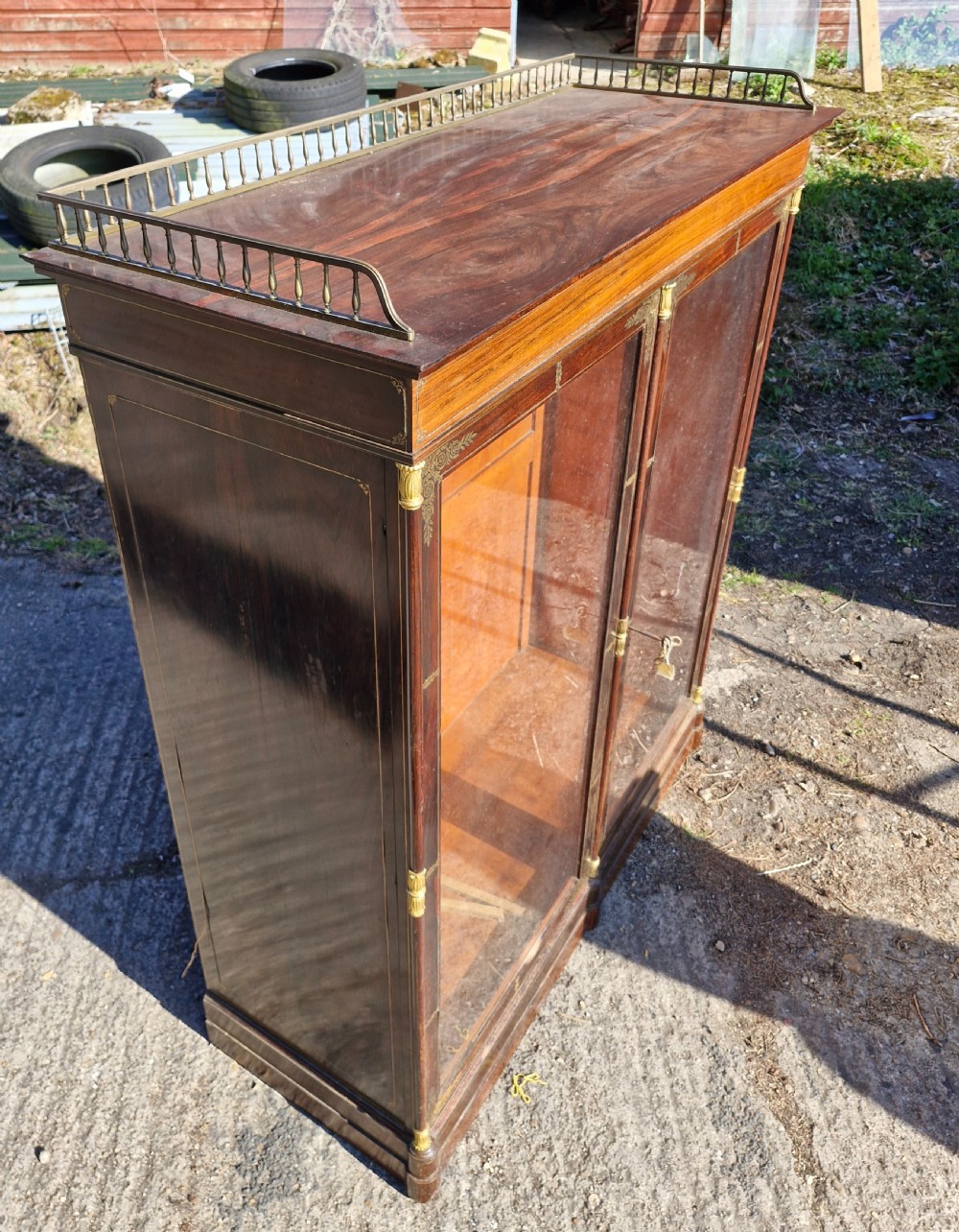19th century brass inlaid rosewood 2 door cabinet.  View XIV