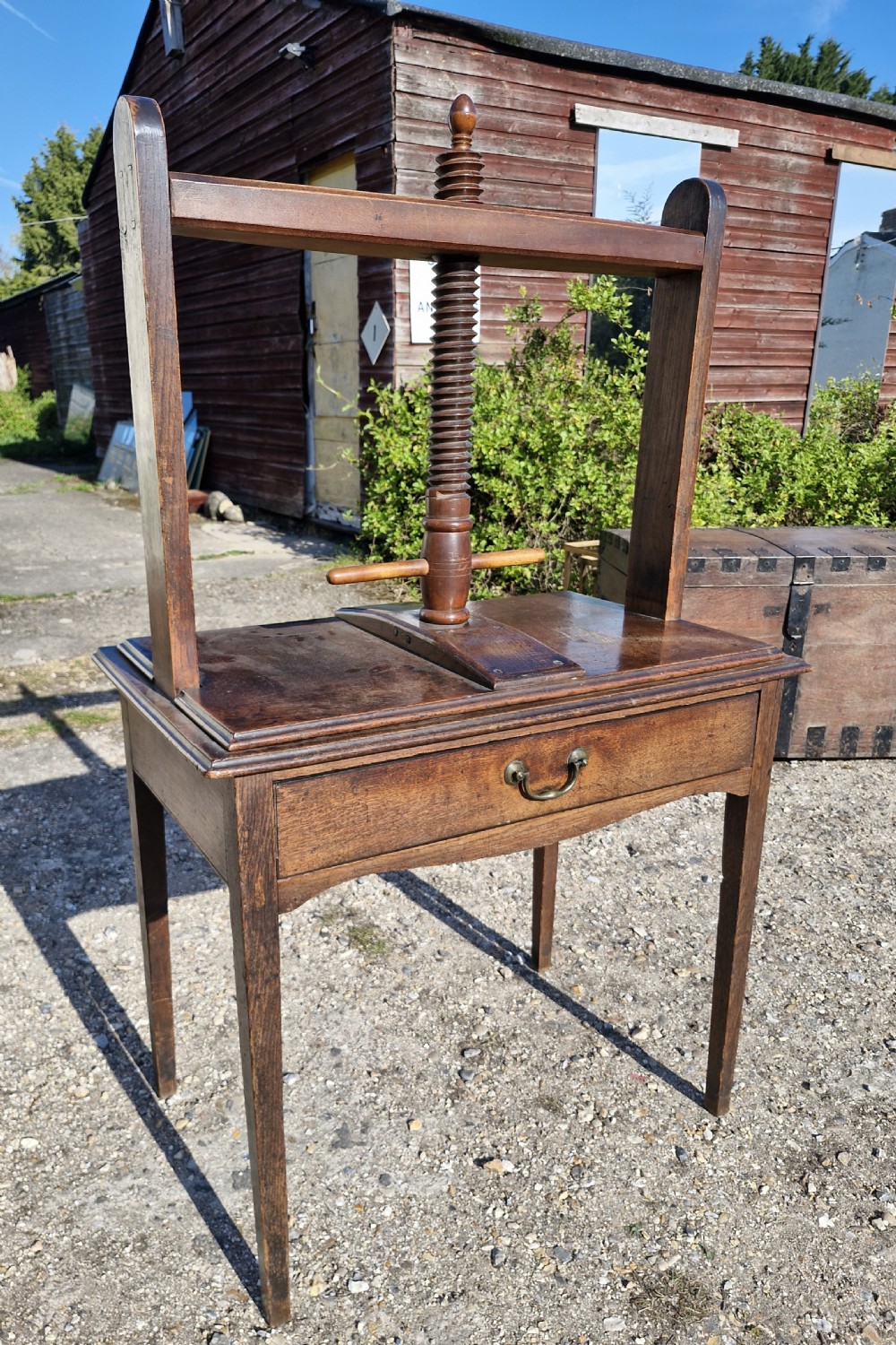 Late Georgian oak and walnut book press. 