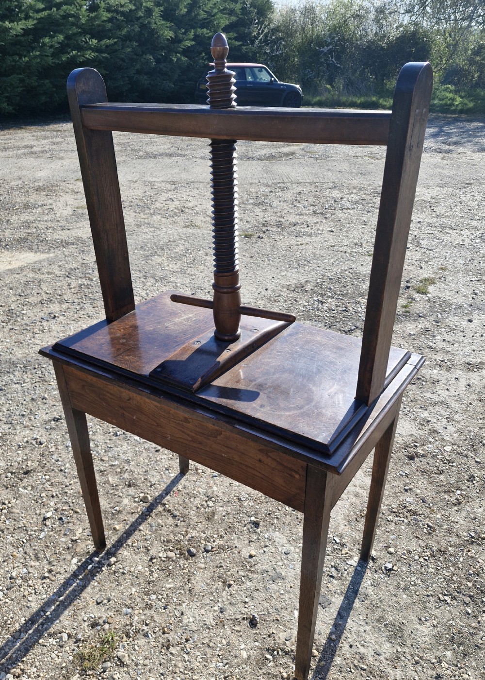 Late Georgian oak and walnut book press.  View VIII