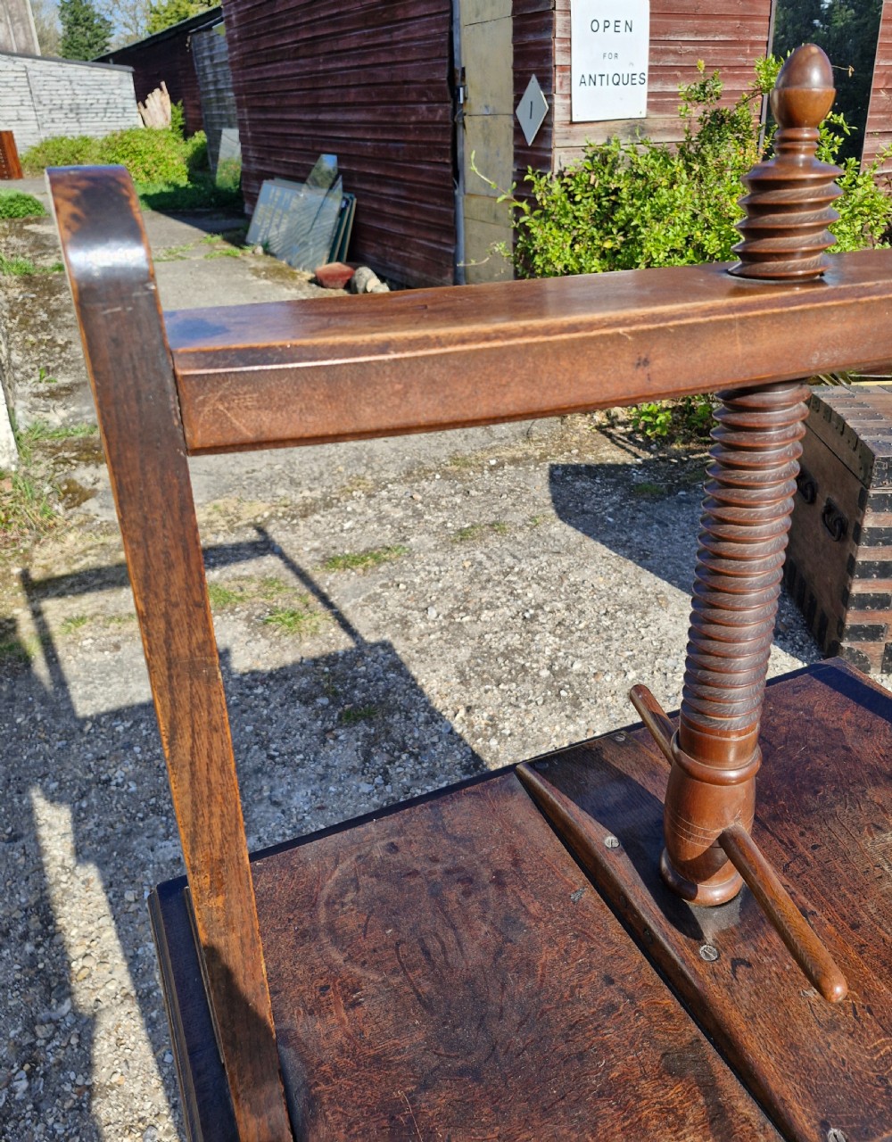 Late Georgian oak and walnut book press.  View XII