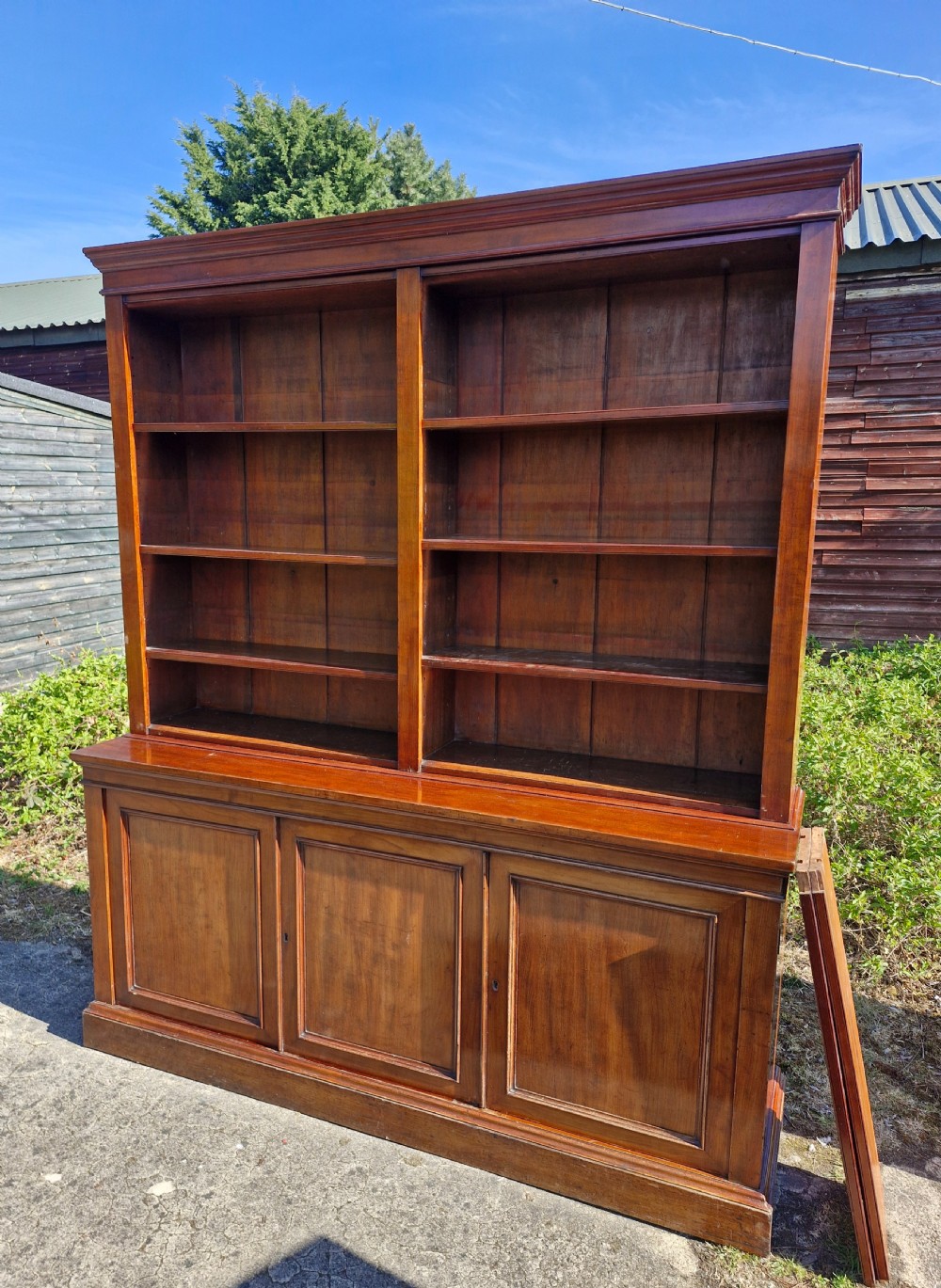 Victorian mahogany 3 door open top library bookcase.  View II