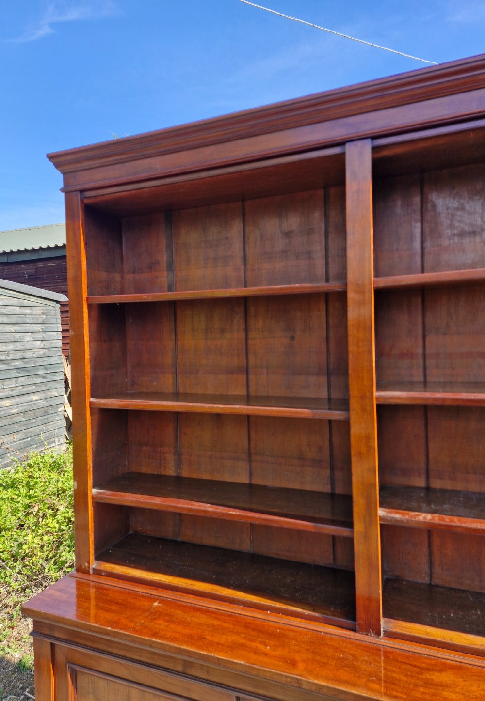 Victorian mahogany 3 door open top library bookcase.  View VIII