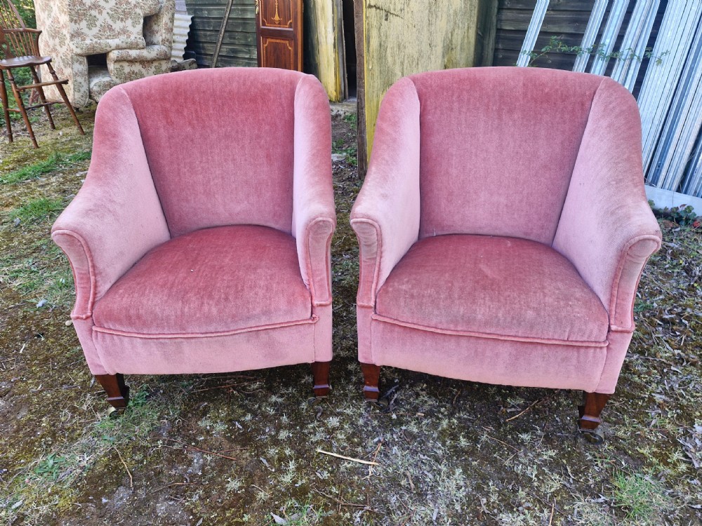Pair of Edwardian mahogany upholstered armchairs with maker's stamp.  View II