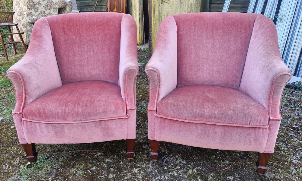 Pair of Edwardian mahogany upholstered armchairs with maker's stamp.  View IV