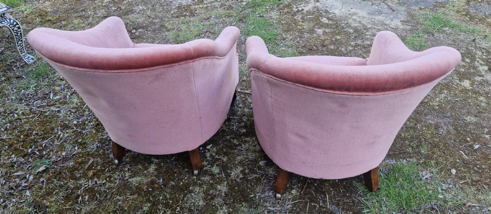 Pair of Edwardian mahogany upholstered armchairs with maker's stamp.  View V