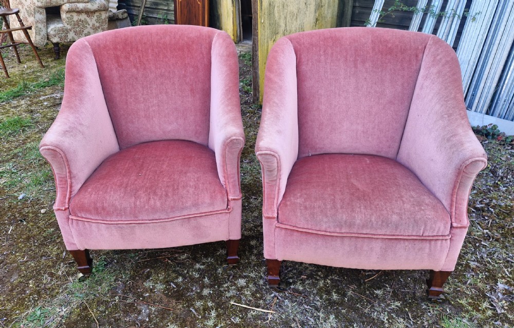 Pair of Edwardian mahogany upholstered armchairs with maker's stamp.  View VI