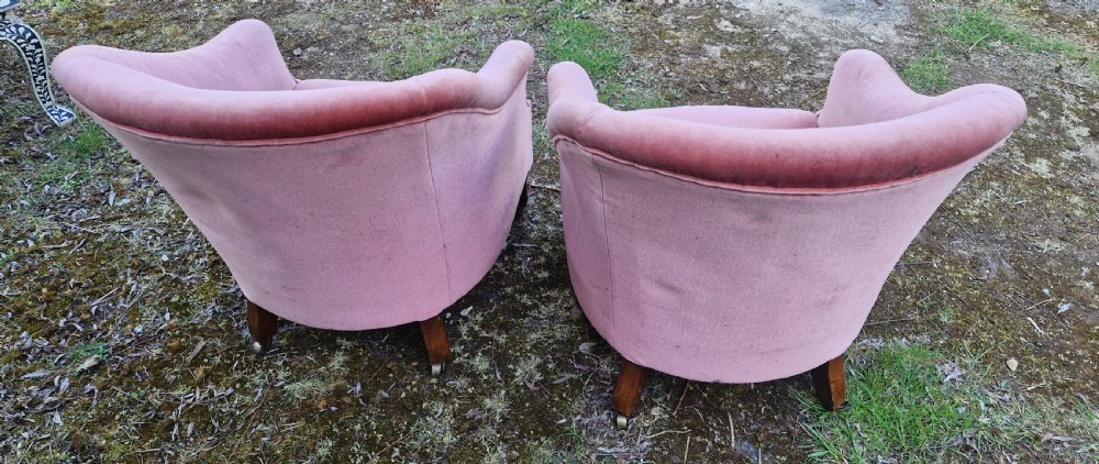Pair of Edwardian mahogany upholstered armchairs with maker's stamp.  View VII