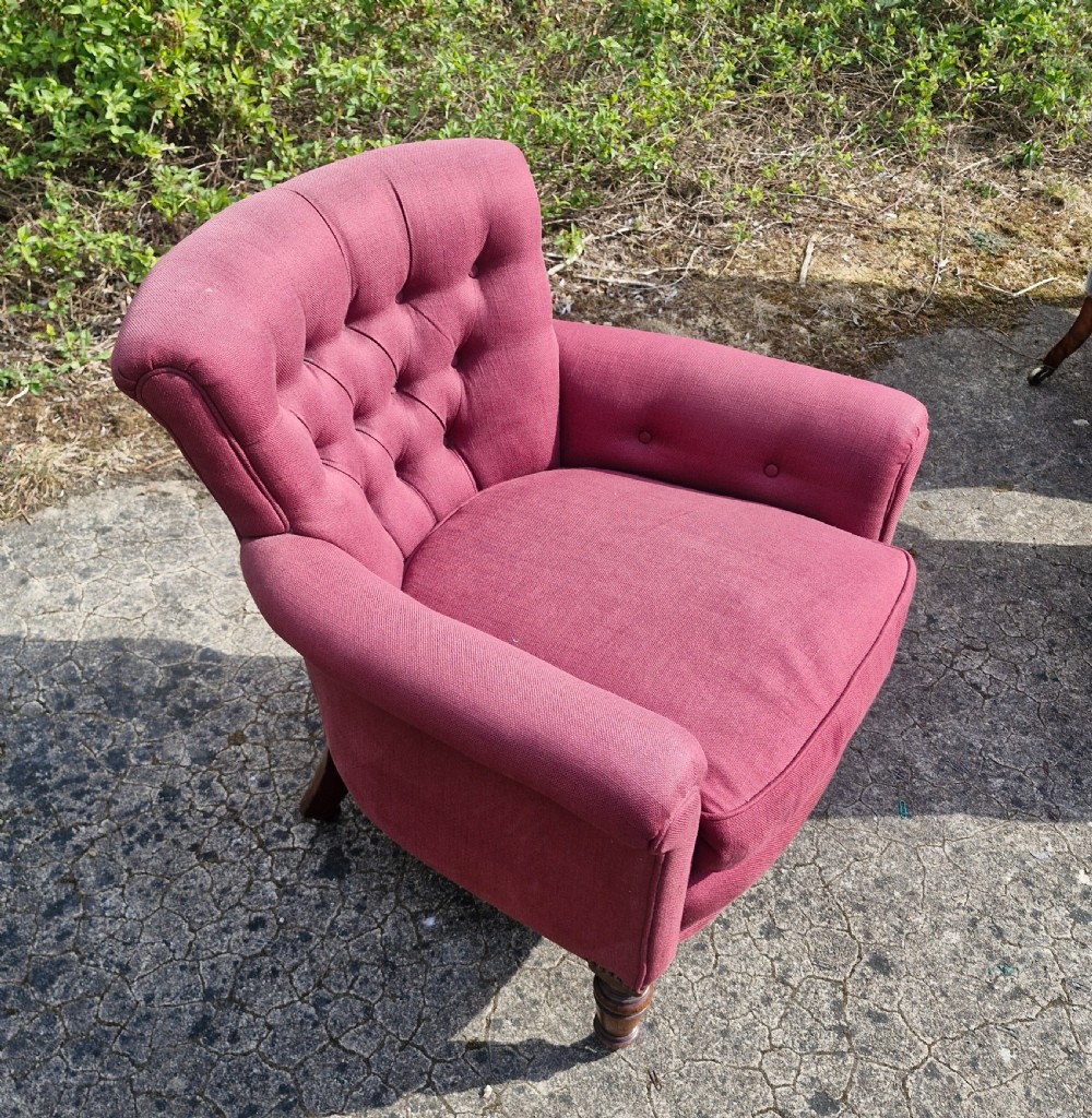 Late Victorian upholstered Woodstock style armchair.  View V