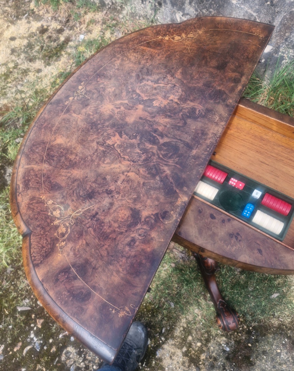 Victorian inlaid burr walnut games table.  View III