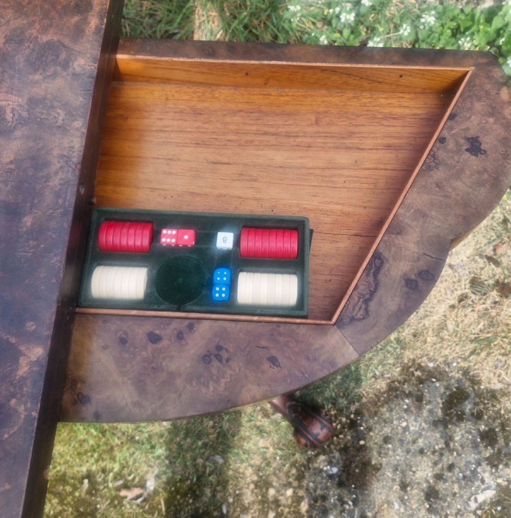 Victorian inlaid burr walnut games table.  View IV