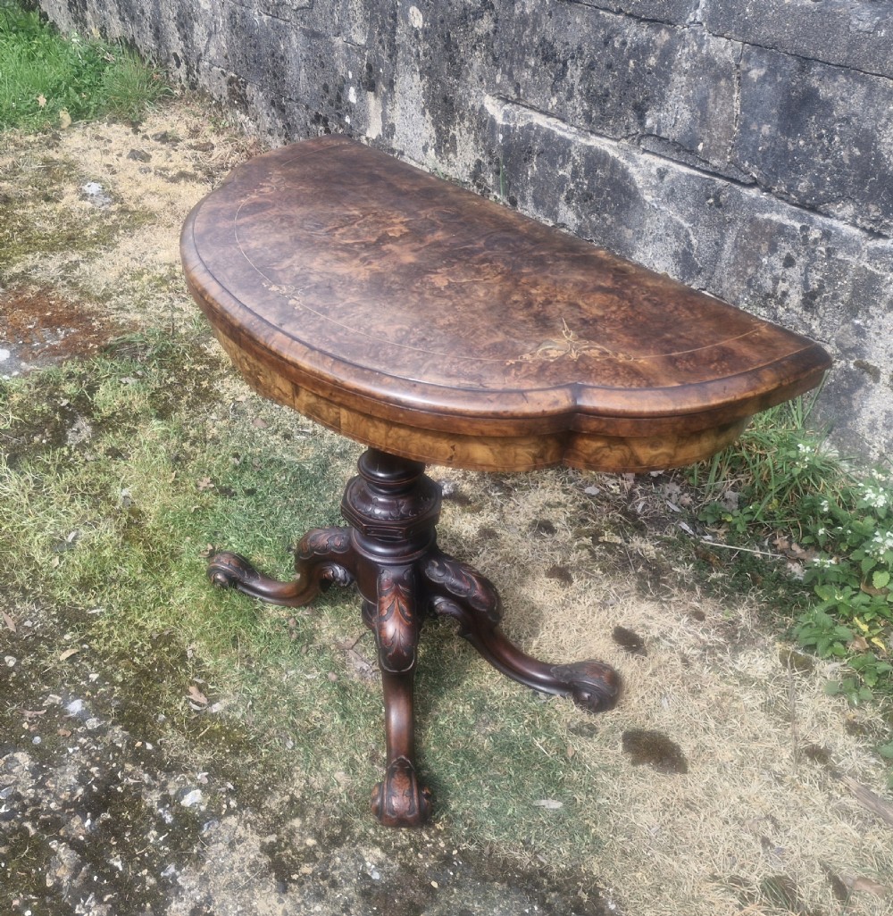 Victorian inlaid burr walnut games table.  View X