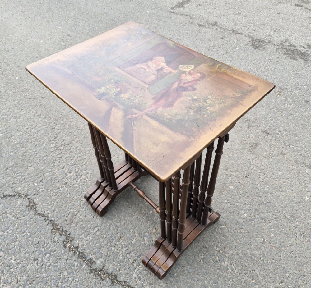 Nest of 4 early 20th century decorated occasional tables. View XX