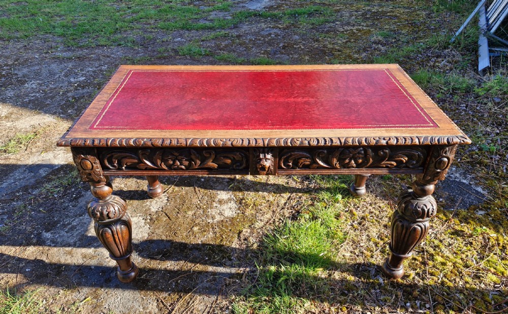 Victorian carved oak 2 drawer writing table.  View V