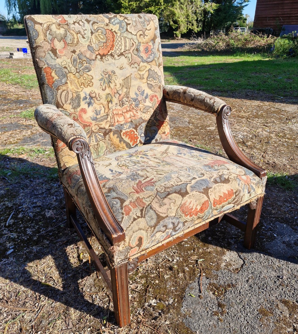 Gainsborough style mahogany framed upholstered armchair. 