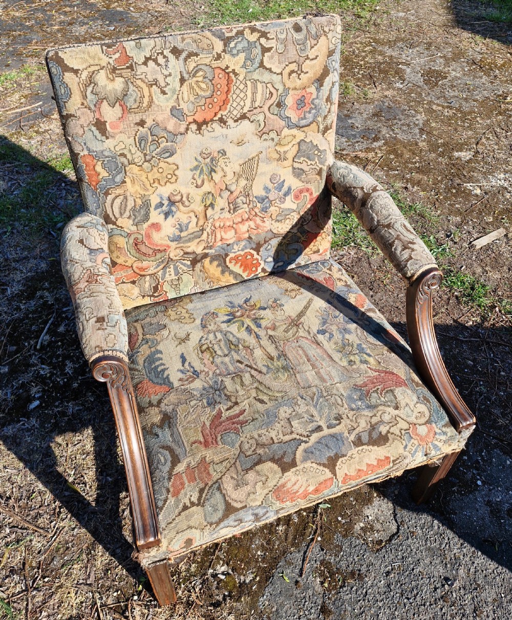 Gainsborough style mahogany framed upholstered armchair.  View IV