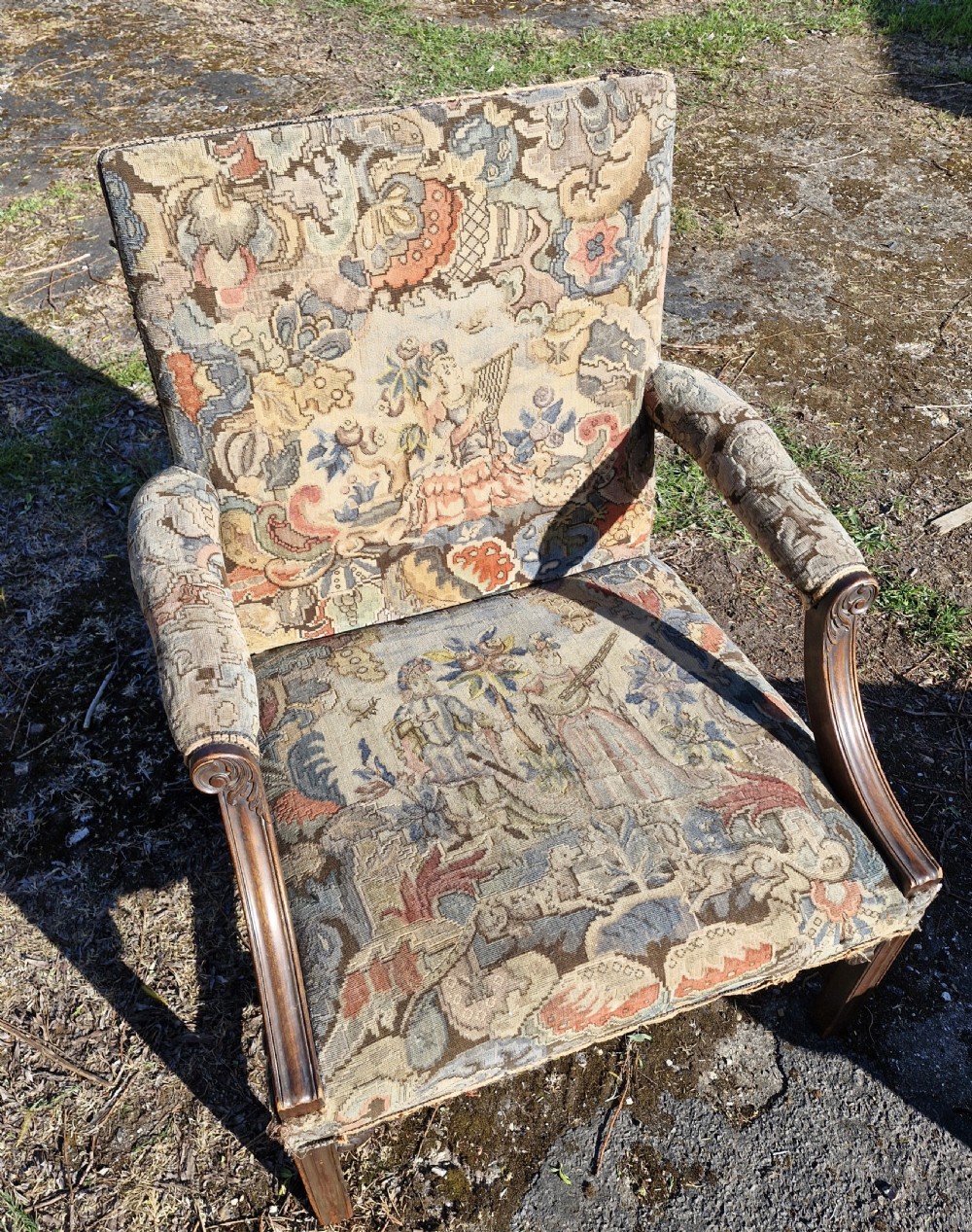 Gainsborough style mahogany framed upholstered armchair.  View V