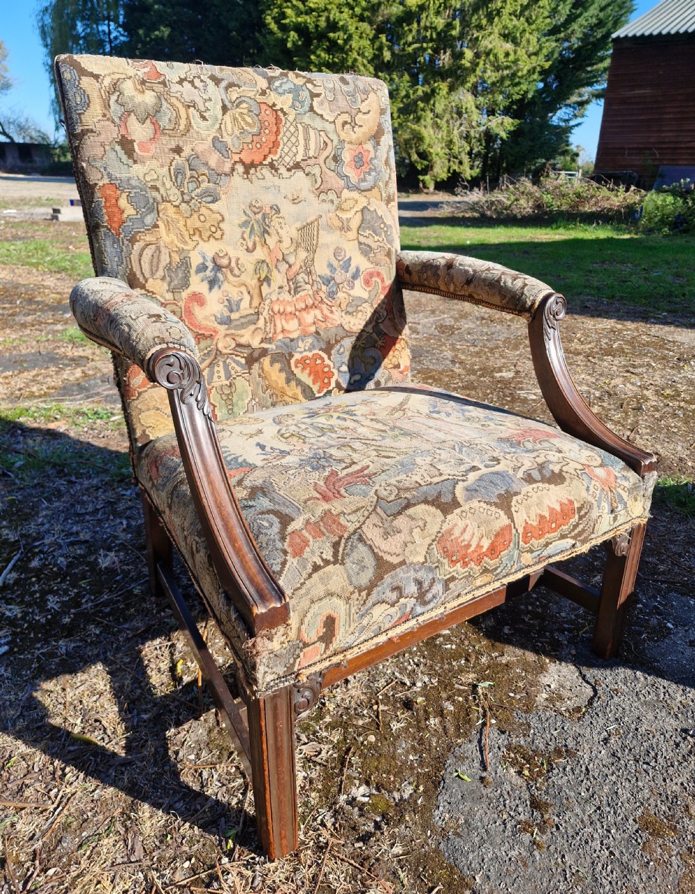 Gainsborough style mahogany framed upholstered armchair.  View VI