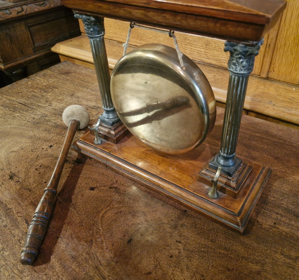 Edwardian oak table top dinner gong.  View II
