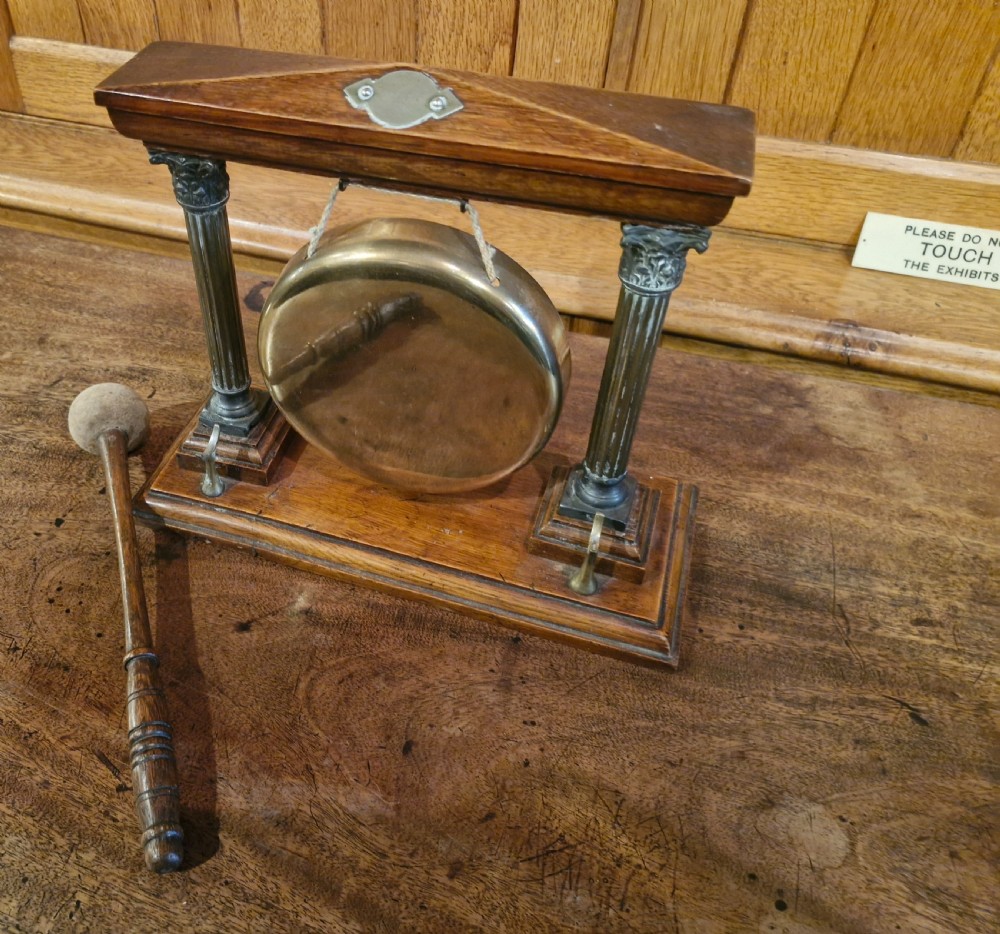 Edwardian oak table top dinner gong.  View III
