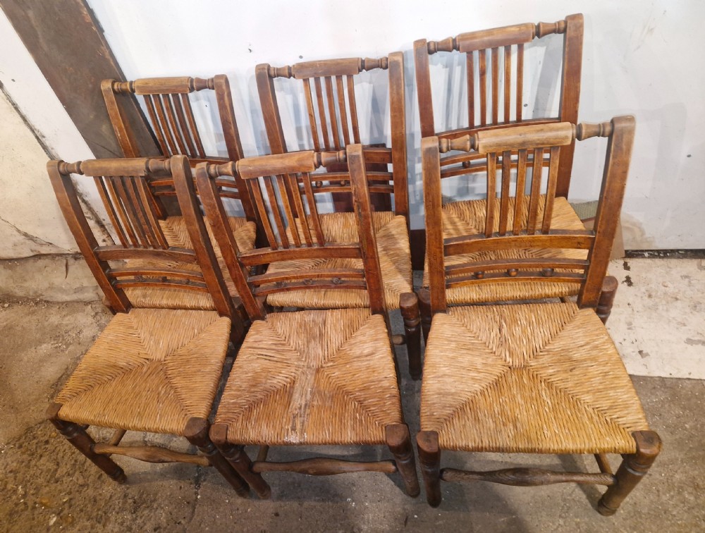 Set of 6 Rush seat kitchen dining chairs. View II