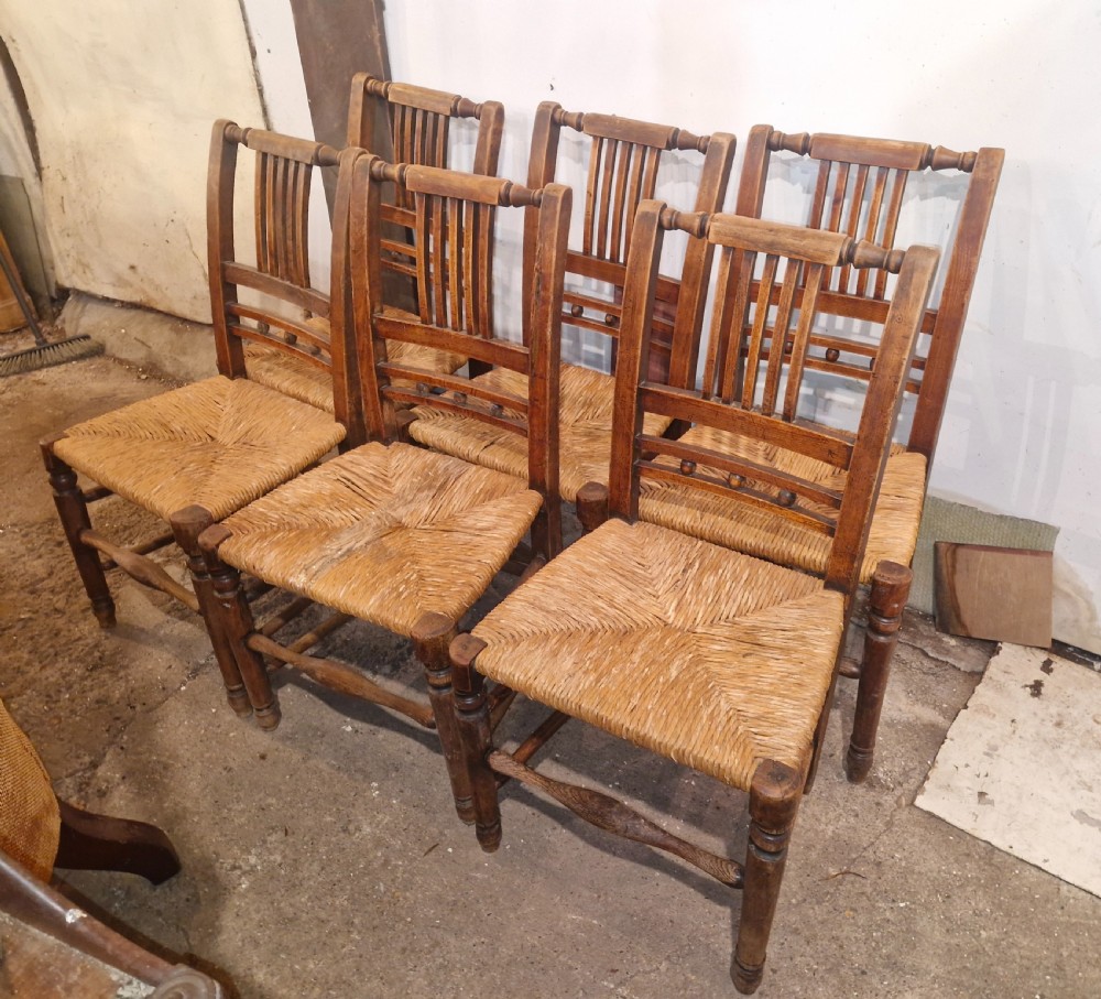 Set of 6 Rush seat kitchen dining chairs. View III
