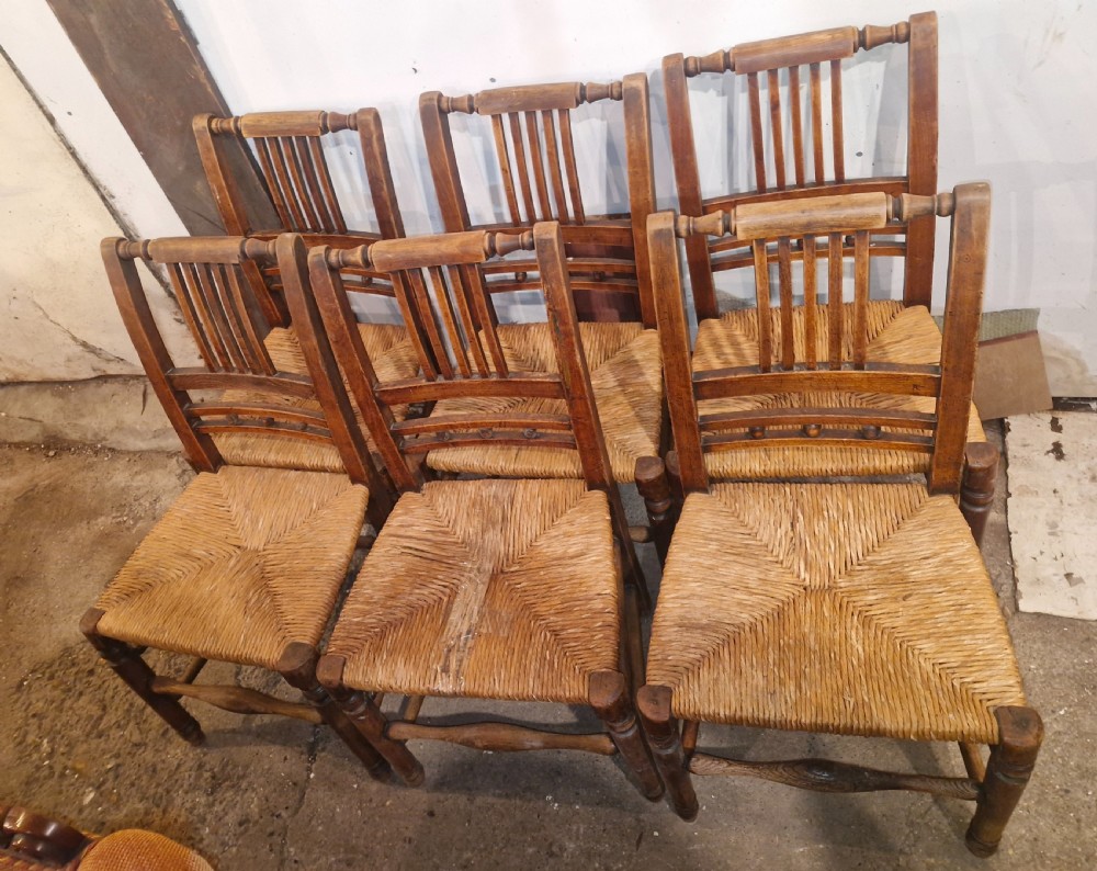 Set of 6 Rush seat kitchen dining chairs. View IV